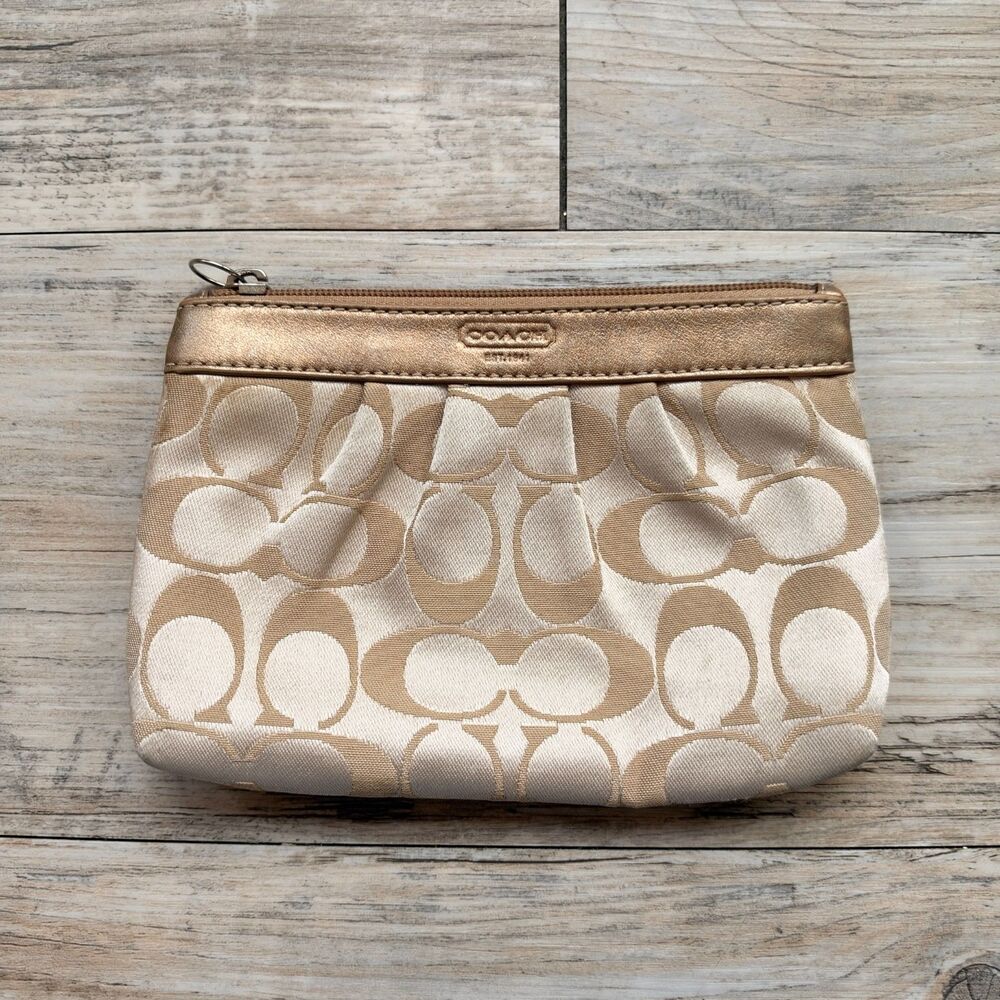 Coach Signature Sateen Pleated Wristlet Gold No F44678 Y2K Mini Pouch Vintage